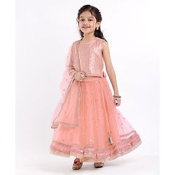 Babyhug Sleeveless Choli with Net Embroidered Lehenga  and Dupatta Set - Peach