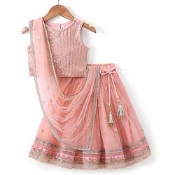 Babyhug Sleeveless Choli with Net Embroidered Lehenga  and Dupatta Set - Peach