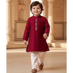Babyhug Full Sleeves Kurta with Pyjama Set & Embroidery on Placket - Maroon