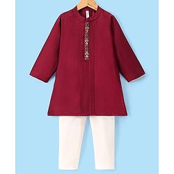 Babyhug Full Sleeves Kurta with Pyjama Set & Embroidery on Placket - Maroon