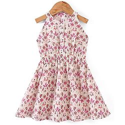 Babyhug Cotton Sleeveless Ethnic Dress Floral Printed - White & Pink