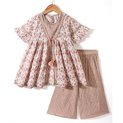 Babyhug 100% Cotton Knit Half Sleeves Embroidered Jacket with Bandhani Printed Top and Palazzo Set - Brown