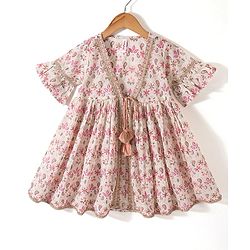 Babyhug 100% Cotton Knit Half Sleeves Embroidered Jacket with Bandhani Printed Top and Palazzo Set - Brown