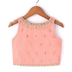 Babyhug Sleeveless Chanderi Embrodered Choli With Shimmer Net Tiered Lehenga And Dupatta- Peach