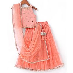 Babyhug Sleeveless Chanderi Embrodered Choli With Shimmer Net Tiered Lehenga And Dupatta- Peach