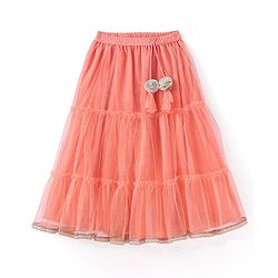 Babyhug Sleeveless Chanderi Embrodered Choli With Shimmer Net Tiered Lehenga And Dupatta- Peach