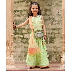 Babyhug Sleeveless Mirror Embroidered Choli With Lehenga And Dupatta - Green