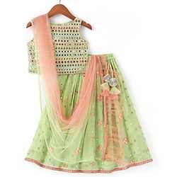 Babyhug Sleeveless Mirror Embroidered Choli With Lehenga And Dupatta - Green