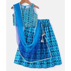 Babyhug Sleeveless Printed Sequenced Choli With Printed Lehenga And Dupatta- Blue