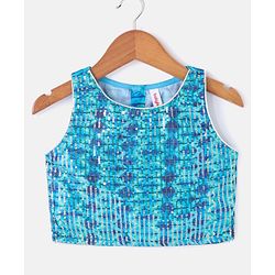 Babyhug Sleeveless Printed Sequenced Choli With Printed Lehenga And Dupatta- Blue