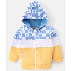 Babyhug Full Sleeves Cut & Sew Hooded Sweat Jacket With Happy Face Graphics - Yellow  & Blue