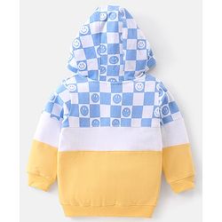 Babyhug Full Sleeves Cut & Sew Hooded Sweat Jacket With Happy Face Graphics - Yellow  & Blue