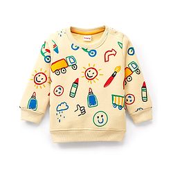 Babyhug Cotton Full Sleeves Sweatshirt With Brushed Fleece Detailing Sun & Truck Print- Cream