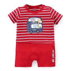 Babyhug 100% Cotton Knit Half Sleeves Striped Romper with Double Decker Bus Print - Red