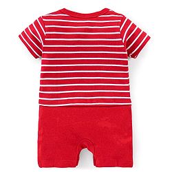 Babyhug 100% Cotton Knit Half Sleeves Striped Romper with Double Decker Bus Print - Red
