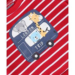 Babyhug 100% Cotton Knit Half Sleeves Striped Romper with Double Decker Bus Print - Red