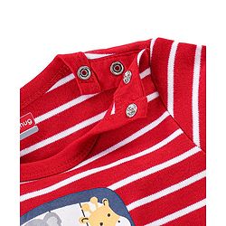 Babyhug 100% Cotton Knit Half Sleeves Striped Romper with Double Decker Bus Print - Red