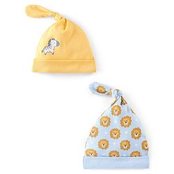 Babyhug 100% Cotton Knit Lion Face Print Caps Pack of 2 Yellow & Blue - Diameter 10 cm