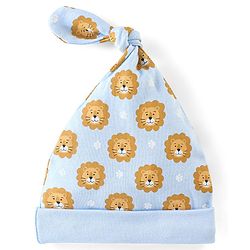 Babyhug 100% Cotton Knit Lion Face Print Caps Pack of 2 Yellow & Blue - Diameter 10 cm