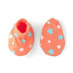Babyhug 100% Cotton Knit Star Printed Cap Mittens & Booties Set- Orange