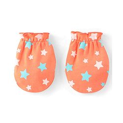 Babyhug 100% Cotton Knit Star Printed Cap Mittens & Booties Set- Orange