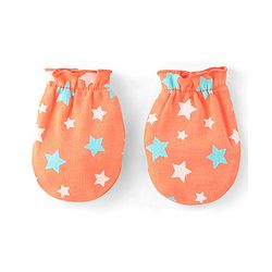 Babyhug 100% Cotton Knit Star Printed Cap Mittens & Booties Set- Orange