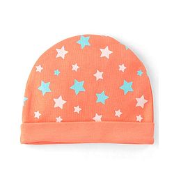 Babyhug 100% Cotton Knit Star Printed Cap Mittens & Booties Set- Orange