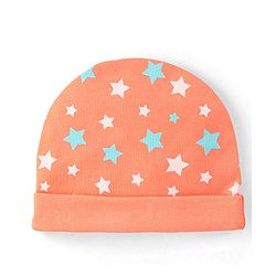 Babyhug 100% Cotton Knit Star Printed Cap Mittens & Booties Set- Orange