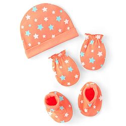 Babyhug 100% Cotton Knit Star Printed Cap Mittens & Booties Set- Orange