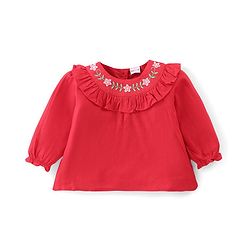 Babyhug Slub Rayon Full Sleeves Top With Floral Embroidery & Frill Detailing - Red