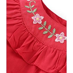 Babyhug Slub Rayon Full Sleeves Top With Floral Embroidery & Frill Detailing - Red