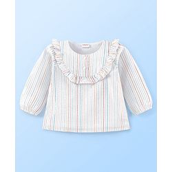 Babyhug 100% Cotton Lurex Woven Balloon Sleeves Striped Top with Frill Detailing - White
