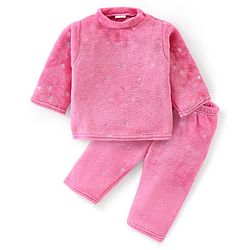 Babyhug Velour Knit Full Sleeves Foil Star Printed Winter Night Suit - Pink