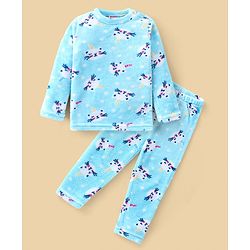 Babyhug Velour Knit Full Sleeves Winter Night Suit Kitty Print - Blue