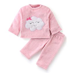 Babyhug Velour Knit Full Sleeves Winter Wear Night Suit with Cloud Applique - Pink