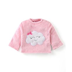 Babyhug Velour Knit Full Sleeves Winter Wear Night Suit with Cloud Applique - Pink