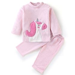 Babyhug Velour Knit Full Sleeves Winter Wear Night Suit with Unicorn  Applique - Pink