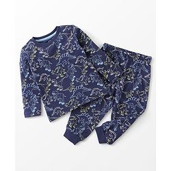 Babyhug Cotton Knit Full Sleeves Night Suit Dino Print - Navy Blue