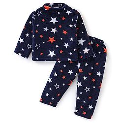 Babyhug Velour Knit Full Sleeves Night Suit Stars Print - Navy Blue