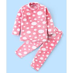 Babyhug Velour Knit Full Sleeves Winter Night Suit Circles Print - Pink