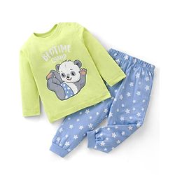 Babyhug Cotton Knit Full Sleeves Bear Print Night Suit - Green & Blue
