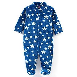 Babyhug Velour Full Sleeves Winter Wear Sleep Suit Star Print - Navy Blue