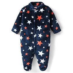 Babyhug Velour Full Sleeves Star Printed Winter Wear Footed Sleepsuit - Navy Blue