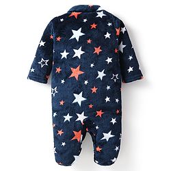Babyhug Velour Full Sleeves Star Printed Winter Wear Footed Sleepsuit - Navy Blue