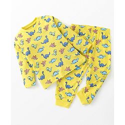 Babyhug Cotton Knit Full Sleeves Night Suit Dino Print- Yellow