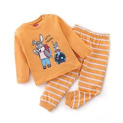 Babyhug Cotton Knit Full Sleeves Night Suit Bunny Print - Orange