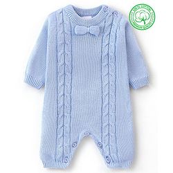 Babyhug Organic Cotton Full Sleeves Winter Wear Romper with Bow - Blue