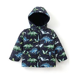 Babyhug Full Sleeves Hooded Padded Quilted Jacket Dino Print -  Navy Blue