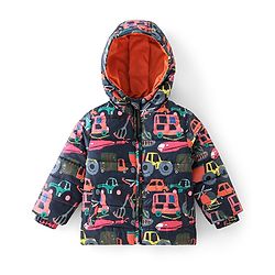 Babyhug Full Sleeves Hooded Jacket with Vehicles Printed - Navy Blue & Orange