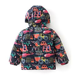 Babyhug Full Sleeves Hooded Jacket with Vehicles Printed - Navy Blue & Orange